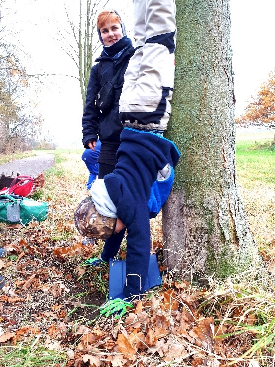 Kind macht Handstand an einem Baum.